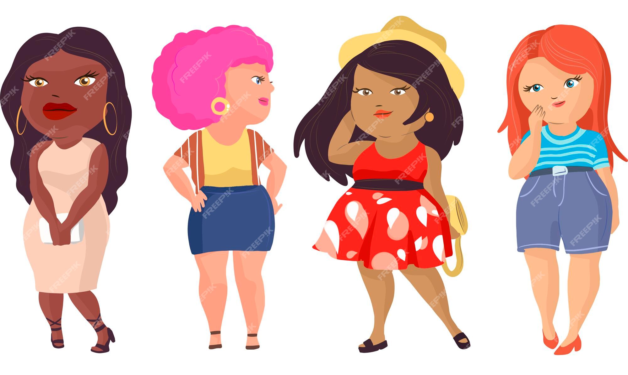 Cuerpo positivo mujeres ilustración vectorial plana. chicas lindas de talla grande, elegantes modelos con sobrepeso, personajes de dibujos animados. hermosas damas robustas y sonrientes. belleza natural, concepto de autoaceptación. | Vector Premium Cuerpo positivo mujeres ilustración vectorial plana. chicas lindas de talla grande, elegantes modelos con sobrepeso, personajes de dibujos animados. hermosas damas robustas y sonrientes. belleza natural, concepto de autoaceptación. | Vector Premium