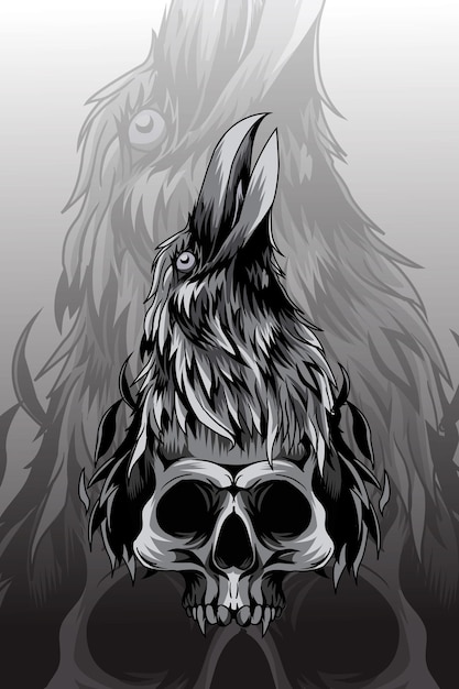 Cuervo con ilustración de vector de cráneo