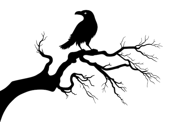 Cuervo en una rama de árbol seco Elemento de diseño de silueta para ilustración vectorial de Halloween