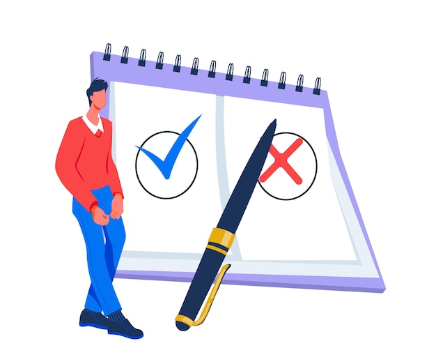Cuestionario y concepto de encuesta con el hombre al lado de una enorme lista de verificación ilustración vectorial plana aislada