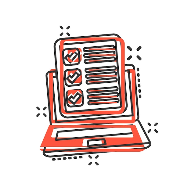 Cuestionario icono portátil en estilo cómic Encuesta en línea vector ilustración de dibujos animados sobre fondo blanco aislado Lista de verificación informe efecto de salpicadura concepto de negocio