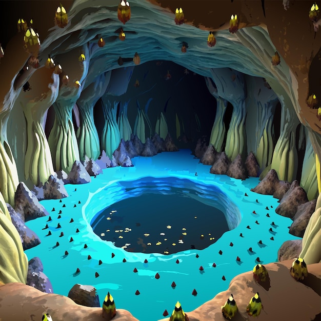 Vector una cueva con una cueva con un peñón con peces nadando en ella