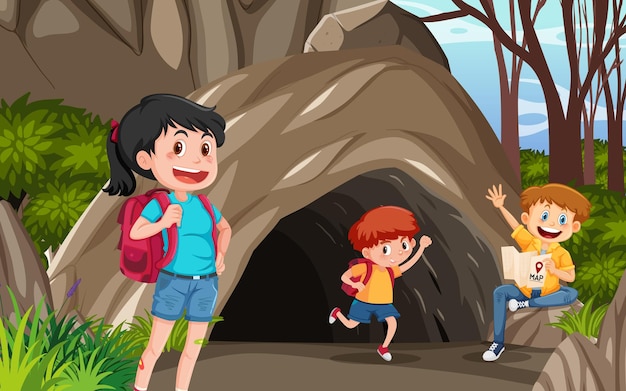 Vector cueva en la escena del bosque con niños exploradores.