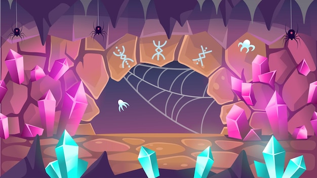 Cueva de fantasía con cristales, arañas y runas Salir de la cueva Ilustración en dibujos animados Sin costura