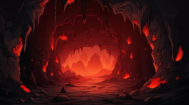 Vector una cueva de lava roja con un resplandor rojo