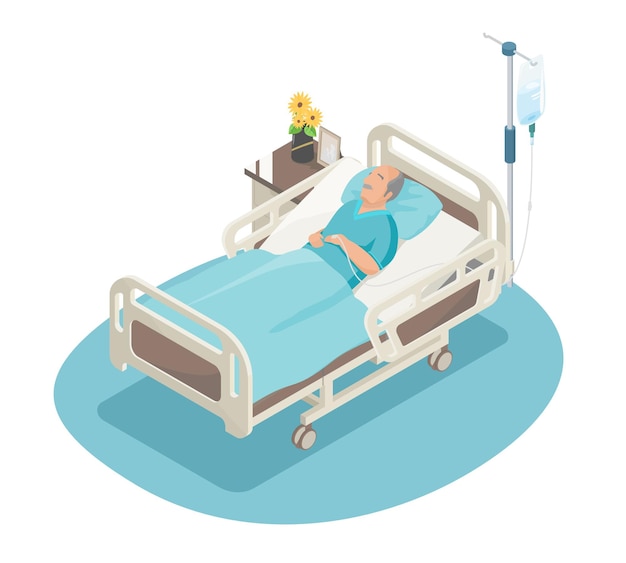 Cuidado de ancianos concepto de paciente postrado en cama anciano dormir en cama de hospital solo isométrica