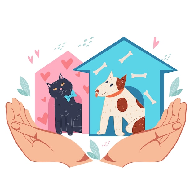Cuidado de animales sin hogar y emblema de refugio de animales de adopción o pancarta de diseño de logotipo