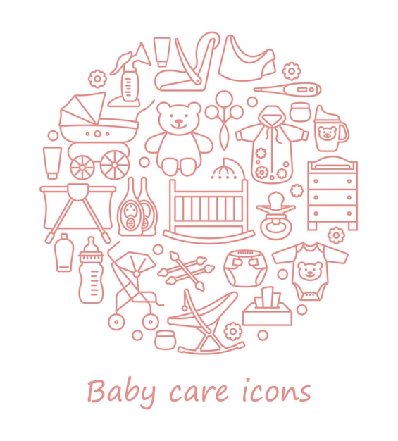 Cuidado del bebé Iconos de línea en forma de círculo