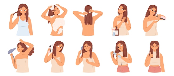 Vector cuidado del cabello femenino mujer joven lavando la cabeza usando cosméticos y herramientas rutinaria de belleza diaria chica de dibujos animados haciendo peinado concepto vectorial cómodo