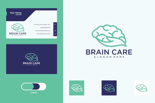 Cuidado del cerebro con diseño de logotipo de estilo de línea y tarjeta de visita