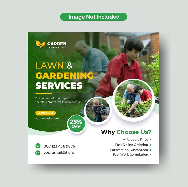 Cuidado del césped o servicio de jardinería y jardinería publicación de redes sociales de instagram y plantilla de volante cuadrado