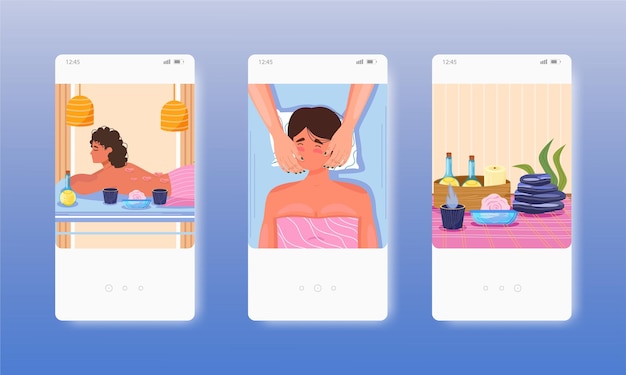 Cuidado del cuerpo mujer disfrutando de procedimientos de salón de spa pantallas de aplicaciones móviles vector sitio web banner plantilla ui w