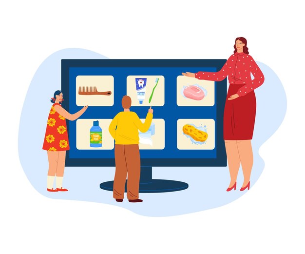 Cuidado del cuerpo para niños lección vector ilustración mujer maestra en lección mostrar productos de belleza para niños