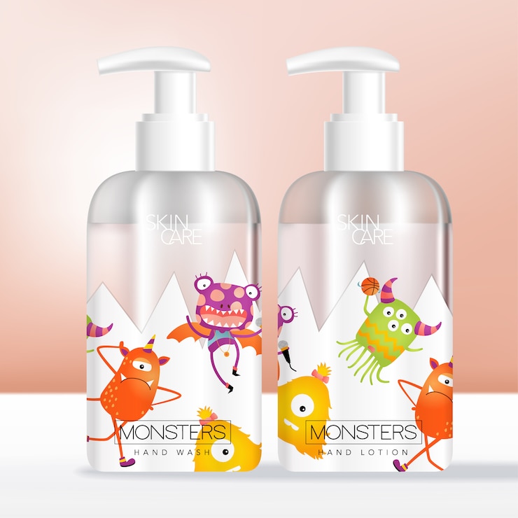 Cuidado del cuerpo o artículos de tocador para niños o bebés Botella de bomba transparente o dispensador Empaquetado con monstruos de dibujos animados impresos.
