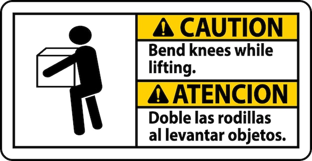 Cuidado con doblar las rodillas mientras se levanta el letrero sobre un fondo blanco