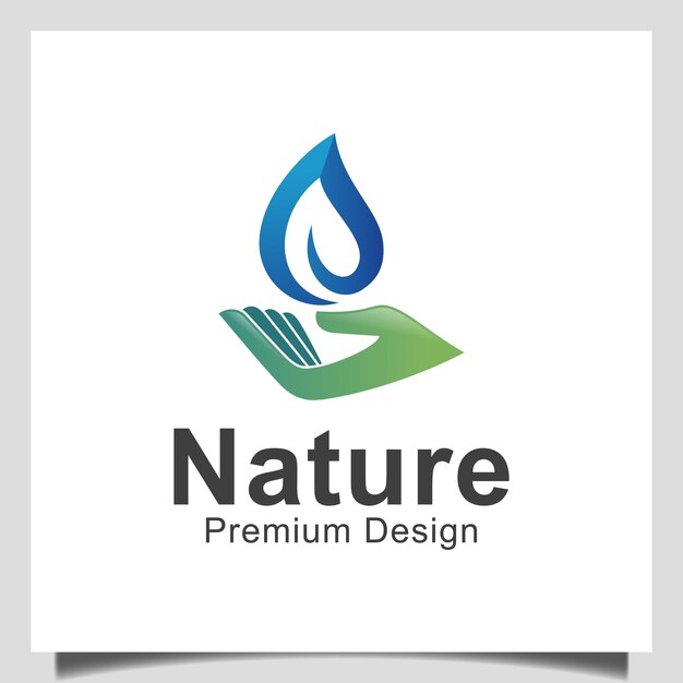 Cuidado de las hojas de la mano con una gota de agua dulce para el diseño de logotipo natural de primavera de biología