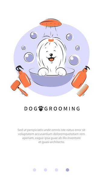 El cuidado de las mascotas El cuidado del pelo de los animales El logotipo del salón El corte de pelo del baño La cara de perro feliz con la lengua colgada