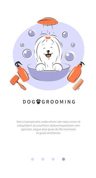 El cuidado de las mascotas El cuidado del pelo de los animales El logotipo del salón El corte de pelo del baño La cara de perro feliz con la lengua colgada