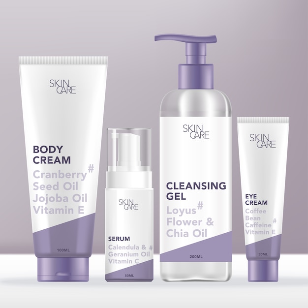 Cuidado médico de la piel o conjunto de belleza con tubo, botella de bomba, dispensador y empaque de tubo. Diseño minimalista.