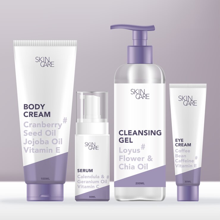 Cuidado médico de la piel o conjunto de belleza con tubo, botella de bomba, dispensador y empaque de tubo. Diseño minimalista.