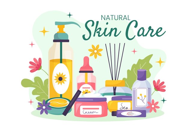 Cuidado natural de la piel ilustración de mujeres aplicando cosméticos productos para el cuidado de la piel facial