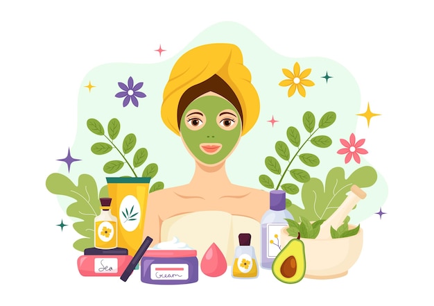 Cuidado natural de la piel ilustración de mujeres aplicando cosméticos productos para el cuidado de la piel facial