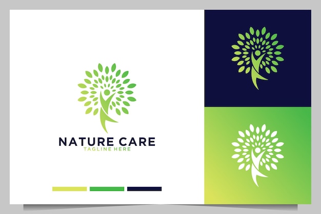 Cuidado de la naturaleza con personas y diseño de logotipo de hoja.