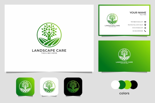 Cuidado del paisaje con diseño de logotipo de personas y árboles y tarjeta de visita