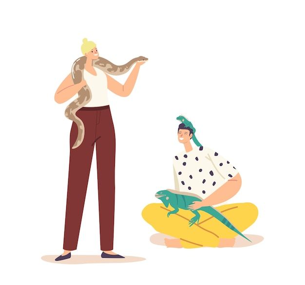 Cuidado de las personas del concepto de animales tropicales. personajes masculinos femeninos con mascotas exóticas lagarto y serpiente. criaturas humanas y salvajes varan y python aislado sobre fondo blanco. ilustración vectorial de dibujos animados