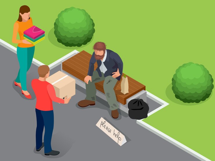 Vector cuidado de personas sin hogar. ayuda a personas sin hogar. sucio vagabundo sosteniendo un cartel pidiendo ayuda. ilustración vectorial isométrica 3d plana. concepto de problema social. concepto de diseño de voluntarios