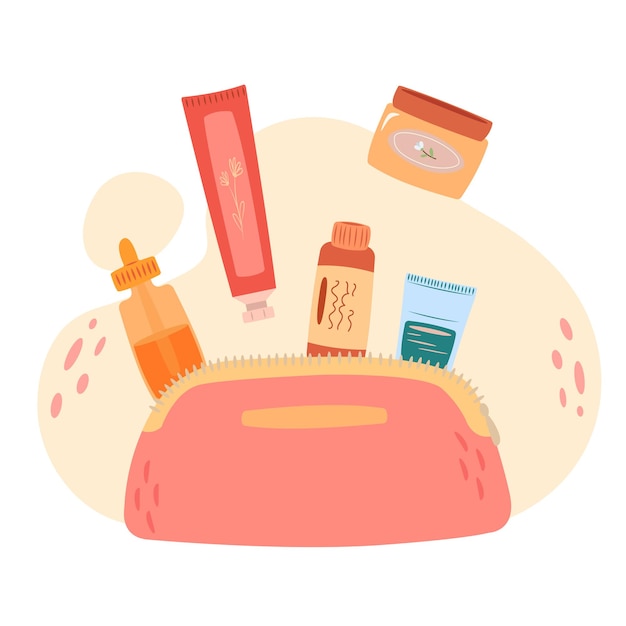 Vector cuidado de la piel en ilustrador de vector de bolsa de cosméticos