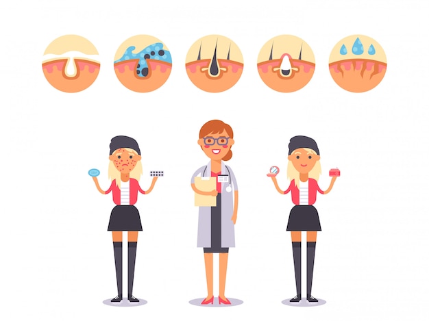 Cuidado de la piel profesional para adolescentes, ilustración. Solución dermatológica para adolescentes con problemas de la piel. Sonriente personaje de dibujos animados médico de cuidado de la piel