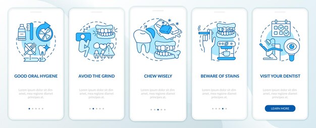 Cuidado posterior de las carillas dentales pantalla azul de la aplicación móvil de incorporación Masticar sabiamente tutorial 5 pasos páginas de instrucciones gráficas con conceptos lineales Plantilla GUI UI UX Myriad ProBold Fuentes regulares utilizadas