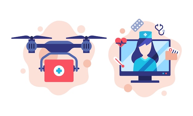 Cuidado de la salud y farmacia Aplicación de servicios móviles y digitales en pantalla de computadora y dron que lleva kit de primeros auxilios, caja vectorial