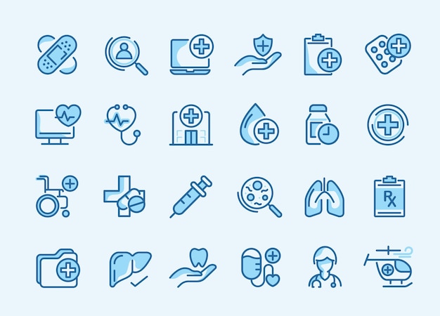 Cuidado de la salud y icono médico conjunto de iconos para el cuidado de la salud del hospital médico de emergencia diagnóstico informe de enfermedad ambulancia y más diseño vectorial