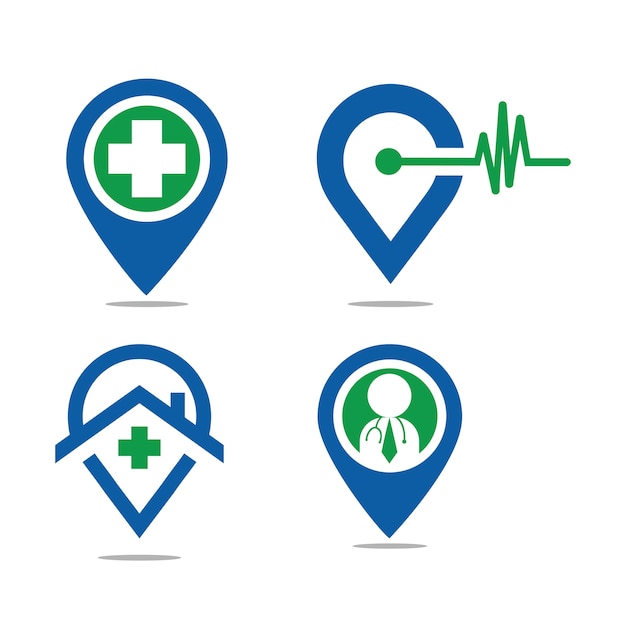 Cuidado de la salud y el icono de pin médico Logo Vector