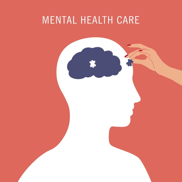 Cuidado de la salud mental Mes de concientización sobre la salud mental Póster con cerebro de persona rompecabezas y mano Ilustración de psicología