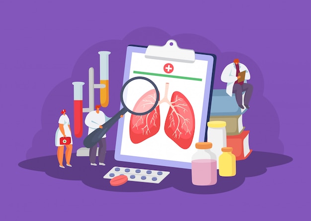 Cuidado de la salud de los pulmones con médicos concepto médico de diagnóstico, atención médica e ilustración de tratamiento.