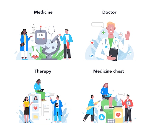 Cuidado de la salud, tratamiento de medicina moderna, experiencia, conjunto de diagnóstico. Médico especialista en uniforme. Tratamiento médico y recuperación.