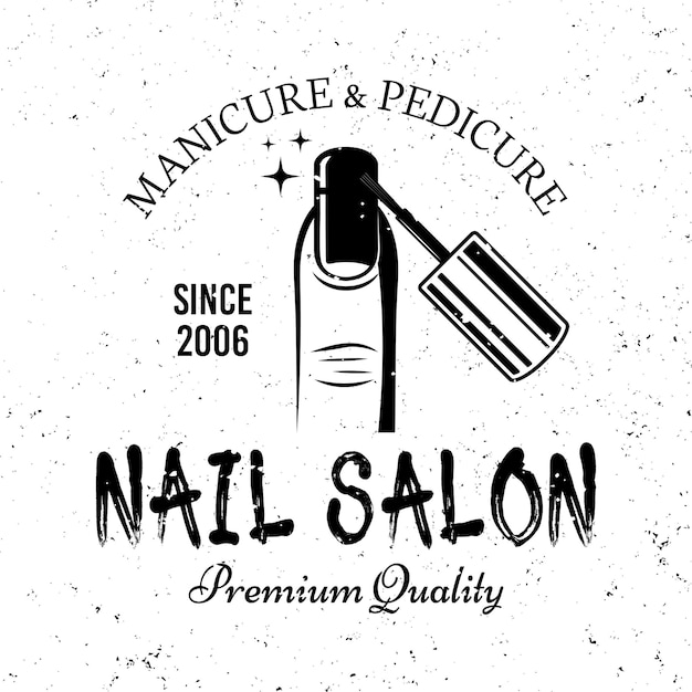 Cuidado de uñas o salón de manicura vector monocromo emblema etiqueta insignia o logotipo aislado sobre fondo blanco