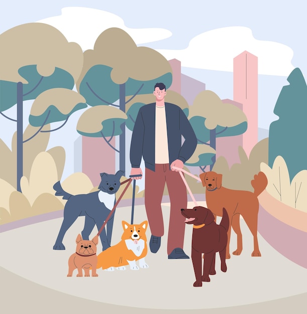 Cuidador de perros voluntario caminando con perros en la naturaleza Caminador de mascotas en el trabajo del parque de la ciudad o el servicio social hombre de cuidado de mascitas tiempo al aire libre kicky vector concepto moderno