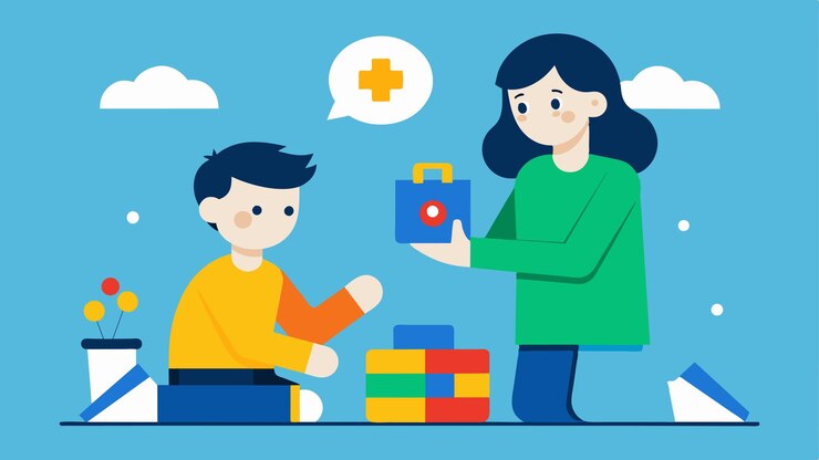 Vector un cuidador que ayuda a una persona con autismo a seguir su rutina diaria y participar en actividades estructuradas para promover la independencia y la rutina ilustración vectorial