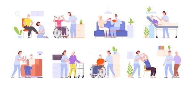 Cuidadores de ancianos Cuidador familiar enfermera profesional de asistencia social que cuida a ancianos enfermos en hospitales o hogares de ancianos Servicios para ancianos Ilustración vectorial espléndida del cuidador familiar