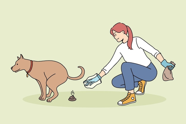 Cuidando el concepto de mascotas y medio ambiente mujer joven limpiando el suelo de sus perros poo en guante