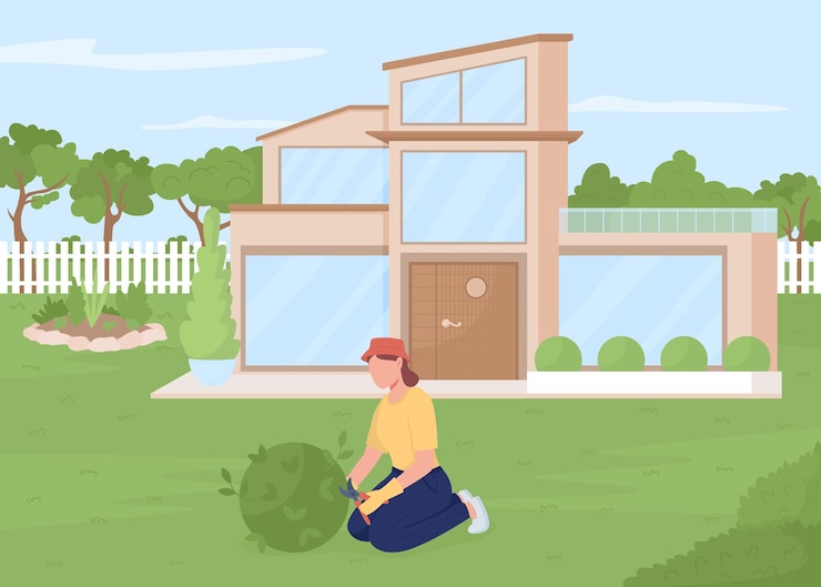 Vector cuidando las plantas al aire libre ilustración vectorial de color plano
