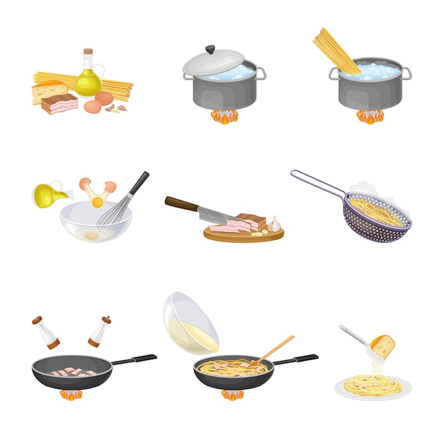Culinaria Sabrosa Pasta Carbonara Pasos con ebullición en sartén y aderezo con conjunto vectorial de queso