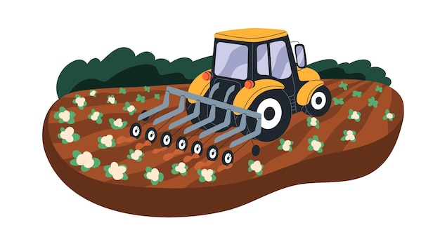 Cultivador entre hileras aflojando el suelo en el campo agrícola. Tractor agrícola, escardador entre hileras en tierras de cultivo. Cultivo de cultivos con máquina rotativa. Ilustración de vector plano aislado sobre fondo blanco.