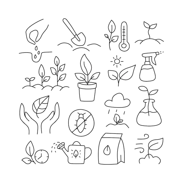 Cultivo de plantas en la agricultura Conjunto de iconos de garabateo