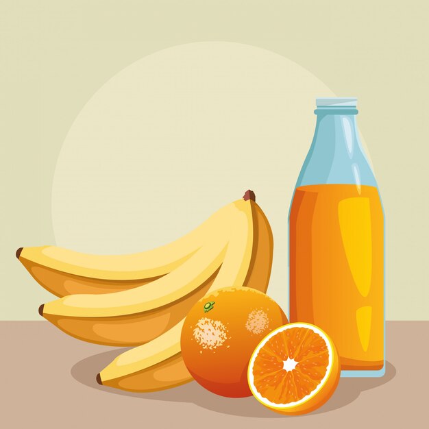 Cultivo de plátanos naranja y botella de jugo