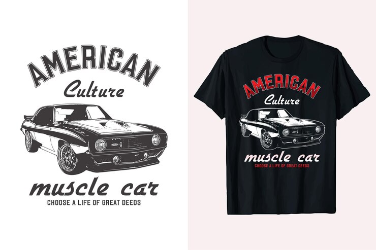 Cultura americana Músculo coche clásico estampado en blanco y negro Camiseta diseño de camiseta con gráfico vectorial de coche